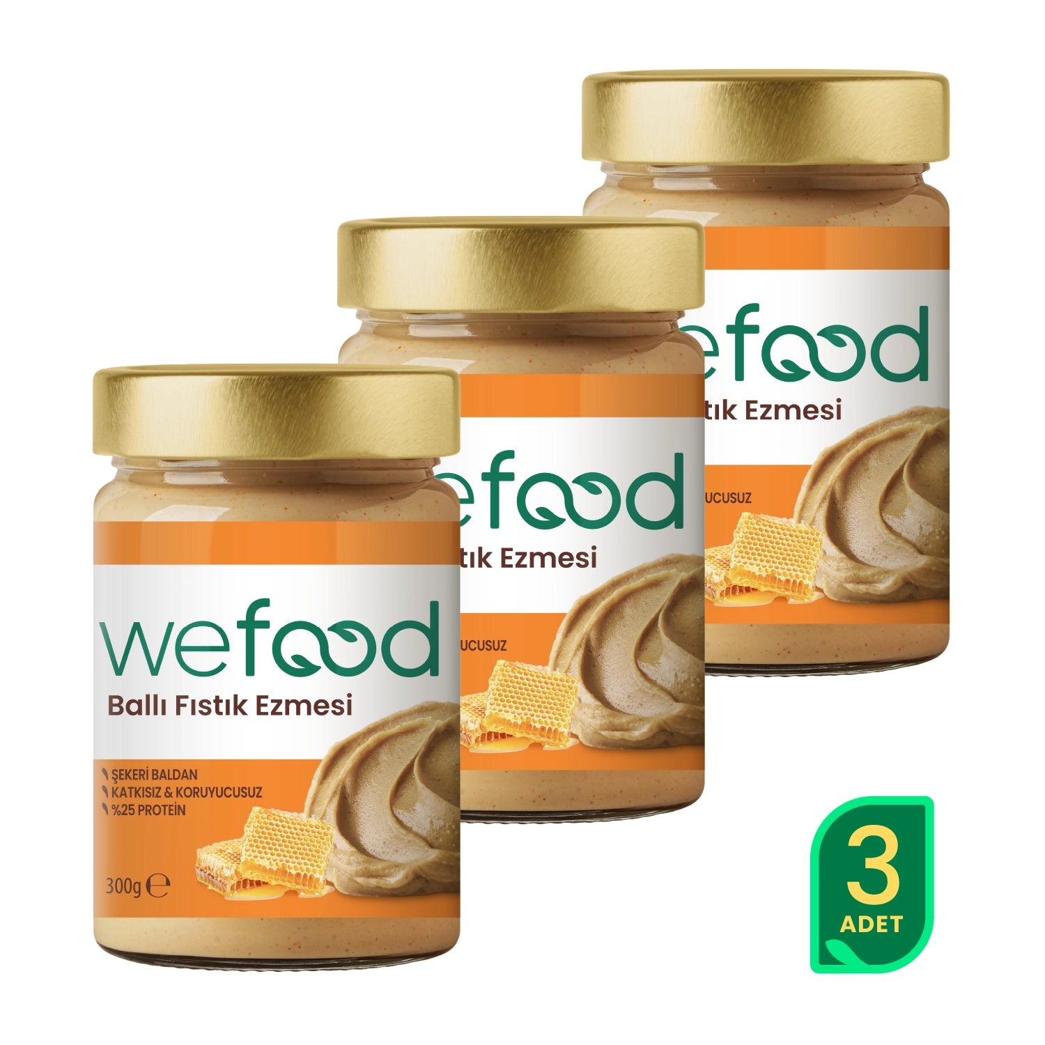 Wefood Şekersiz Ham Ballı Fıstık Ezmesi 300 gr (Fıstık Parçacıklı) 3'lü